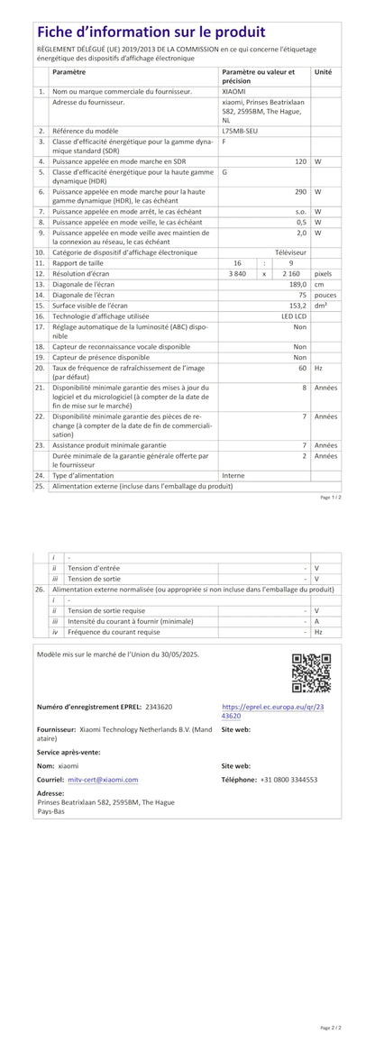 XIAOMI TV S Pro Mini LED 75, Smart TV, Dolby Vision, Dolby Atmos, QLED 4K, 144Hz, Google TV, HDR10+, Triple Tuner, DVB T2, MEMC, DTS-X, Harman AudioEFX, Prime Video, Google Assistant, AirPlay2